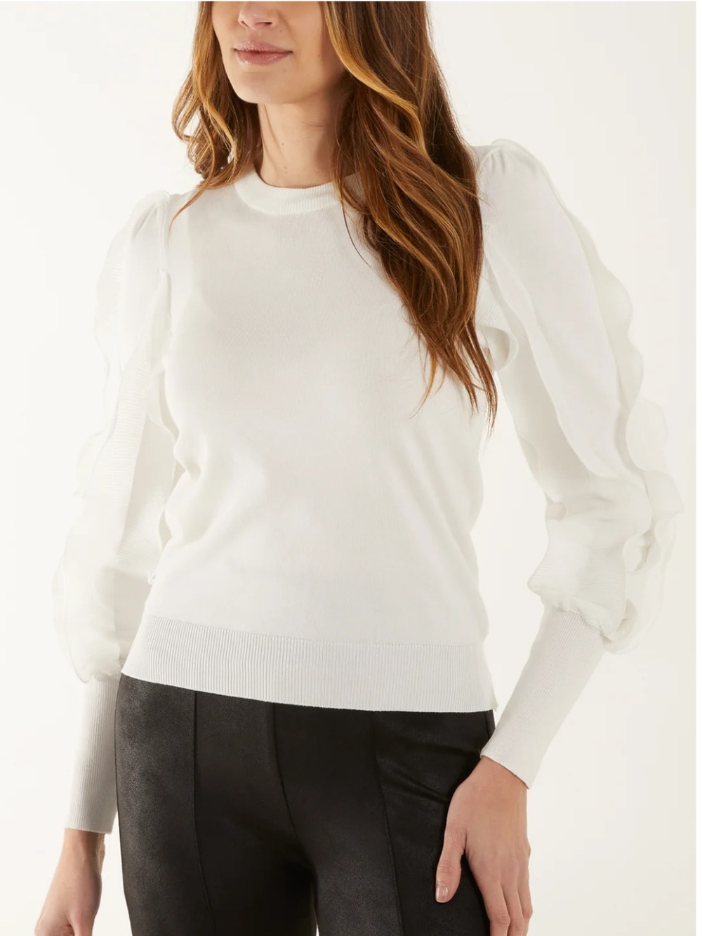 White Puff-Sleeve Ruffle Top